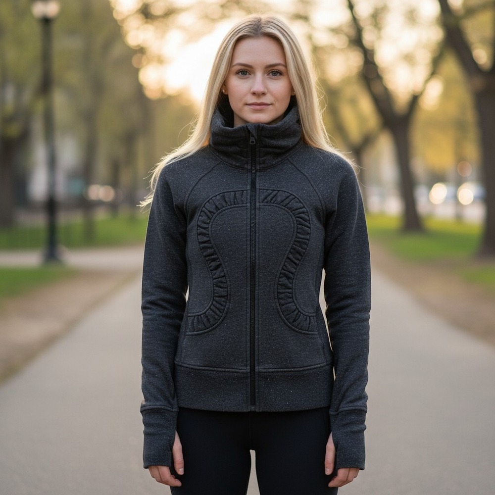 Lululemon Scuba Hoodie Full Zip Gray Metallic Fleck Ruffle Logo Thumbholes Sz 4